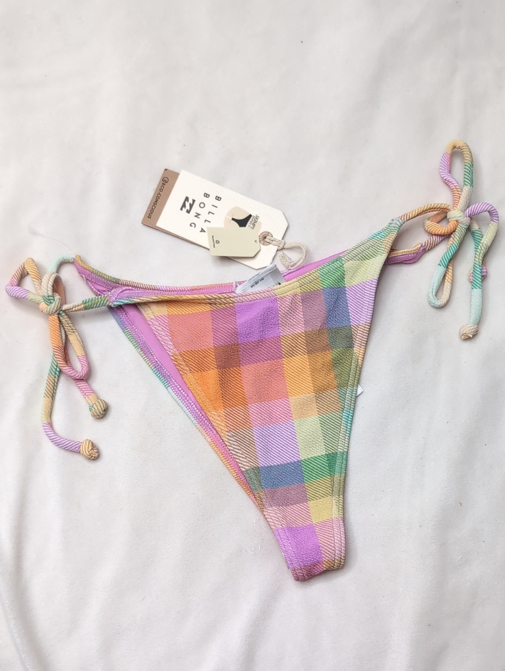 Billabong Warm Waves Tie Skimpy High Cut Pastel Plaid Tie-Side Bikini Bottom